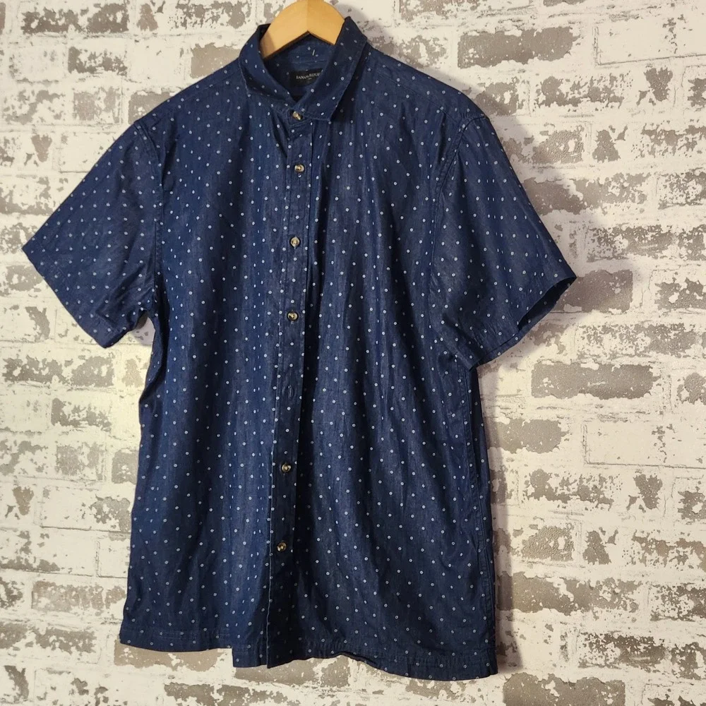 Banana Republic Mens Shirt Size L Button Up Navy Dot Print Short Sleeve Slim Fit